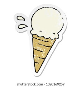 distressed sticker of a quirky hand drawn cartoon vanilla ice cream