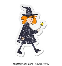 distressed sticker of a quirky hand drawn cartoon witch