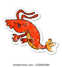 distressed sticker of a quirky hand drawn cartoon happy shrimp