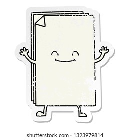 distressed sticker of a quirky hand drawn cartoon happy stack of papers