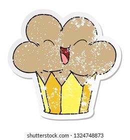 distressed sticker of a quirky hand drawn cartoon happy cupcake
