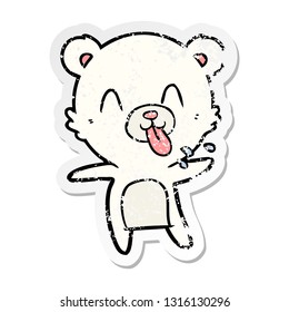 distressed sticker of a rude cartoon polar bear sticking out tongue