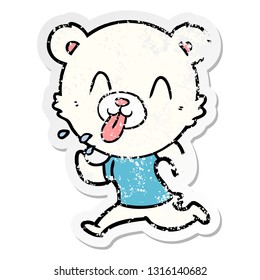 distressed sticker of a rude cartoon polar bear sticking out tongue