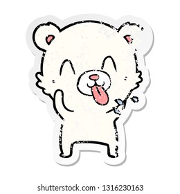 distressed sticker of a rude cartoon polar bear sticking out tongue