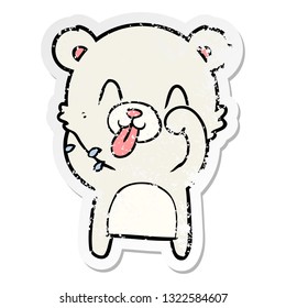 distressed sticker of a rude cartoon polar bear sticking out tongue