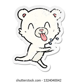 distressed sticker of a rude cartoon polar bear sticking out tongue