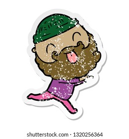 distressed sticker of a running man with beard sticking out tongue