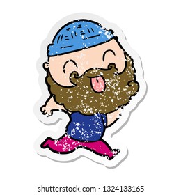 distressed sticker of a running man with beard sticking out tongue