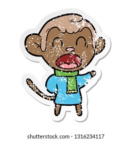 distressed sticker of a shouting cartoon monkey wearing scarf