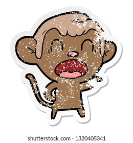 distressed sticker of a shouting cartoon monkey pointing