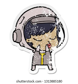 distressed sticker of a shy cartoon pretty astronaut girl
