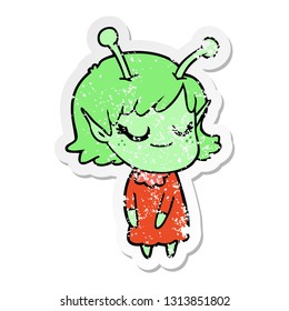 distressed sticker of a smiling alien girl cartoon