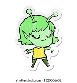 distressed sticker of a smiling alien girl cartoon