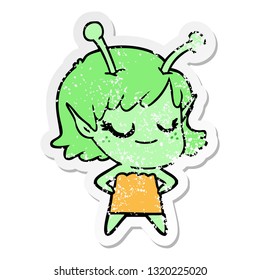 distressed sticker of a smiling alien girl cartoon