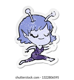 distressed sticker of a smiling alien girl cartoon running
