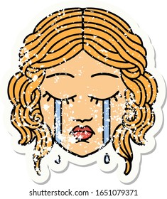 distressed sticker tattoo in traditional style of female face crying