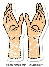 distressed sticker tattoo in traditional style of mystic hands