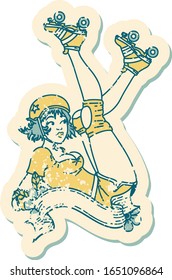 distressed sticker tattoo in traditional style of a pinup roller derby girl with banner