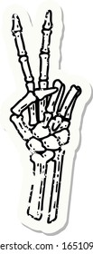 tatuagem adesivo angustiado no estilo tradicional de um esqueleto dando um sinal de paz 