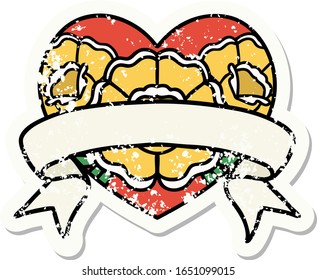 distressed sticker tattoo in traditional style of a heart and banner with flowers