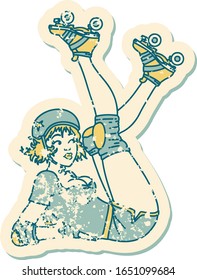 distressed sticker tattoo in traditional style of a pinup roller derby girl