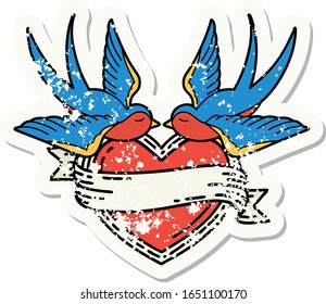 distressed sticker tattoo in traditional style of swallows and a heart with banner