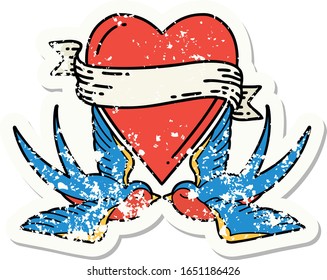 distressed sticker tattoo in traditional style of swallows and a heart with banner