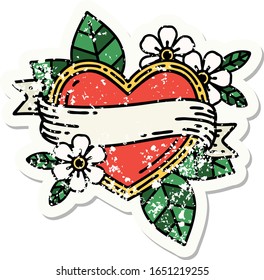 distressed sticker tattoo in traditional style of a heart and banner