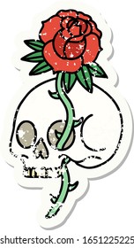 distressed sticker tattoo in traditional style of a skull and rose