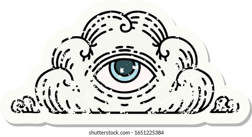 distressed sticker tattoo in traditional style of an all seeing eye cloud