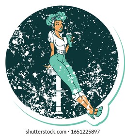 distressed sticker tattoo in traditional style of a pinup girl drinking a milkshake