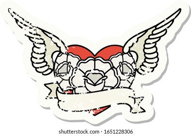distressed sticker tattoo in traditional style of a flying heart with flowers and banner
