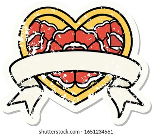 distressed sticker tattoo in traditional style of a heart and banner with flowers
