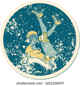 distressed sticker tattoo in traditional style of a pinup roller derby girl with banner