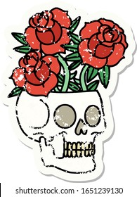 distressed sticker tattoo in traditional style of a skull and roses