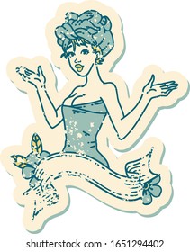 distressed sticker tattoo in traditional style of a pinup girl in towel with banner