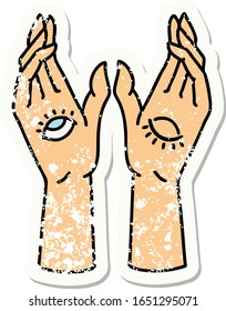 distressed sticker tattoo in traditional style of mystic hands