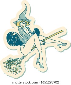 distressed sticker tattoo in traditional style of a pinup witch