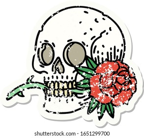 distressed sticker tattoo in traditional style of a skull and rose