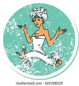 distressed sticker tattoo in traditional style of a pinup girl in towel with banner