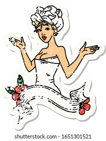 distressed sticker tattoo in traditional style of a pinup girl in towel with banner