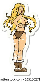 distressed sticker tattoo in traditional style of a pinup viking girl