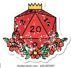 distressed sticker tattoo in traditional style of a d20