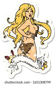 distressed sticker tattoo in traditional style of a pinup viking girl with banner