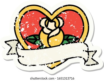 distressed sticker tattoo in traditional style of a heart rose and banner 