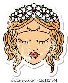 distressed sticker tattoo in traditional style of female face with third eye