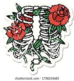 distressed sticker tattoo in traditional style of a rib cage and flowers