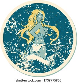 distressed sticker tattoo in traditional style of a pinup viking girl with banner