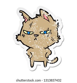 distressed sticker of a tough cartoon cat