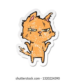 distressed sticker of a tough cartoon cat